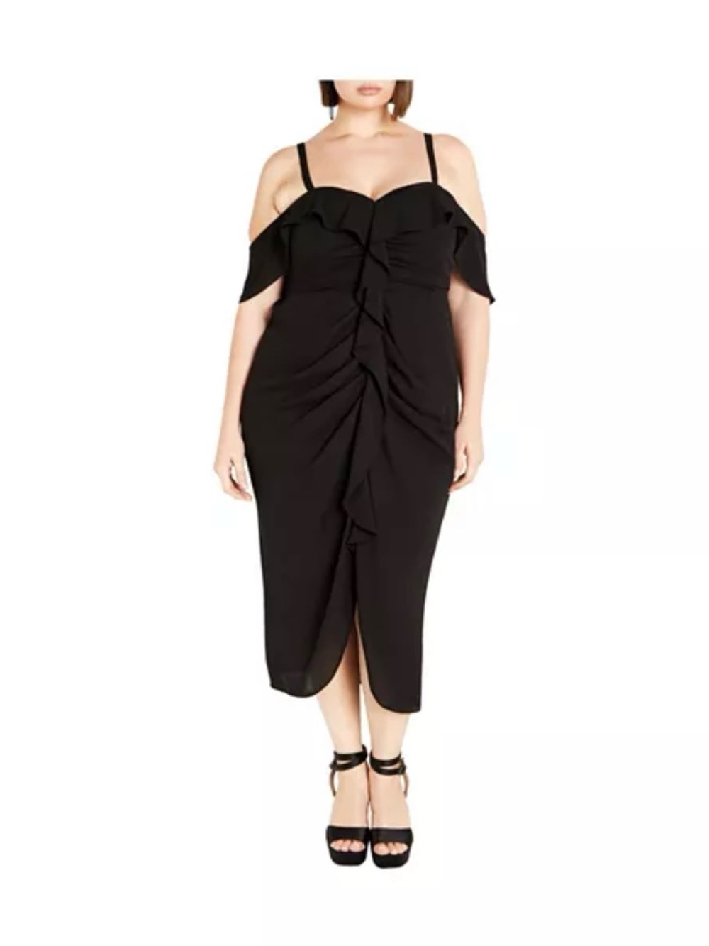 City Chic Black Off-Shoulder Ruffle Ruched Midi Dress